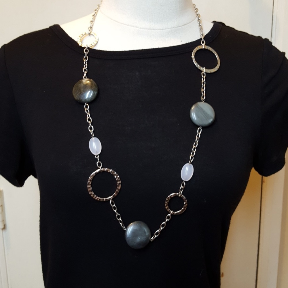 Silver Tone Stone, Bead and Circle Necklace